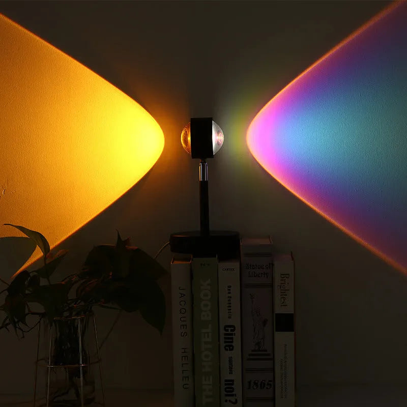 Black USB dual-head sunset rainbow projection table lamp with touch control on bedside table