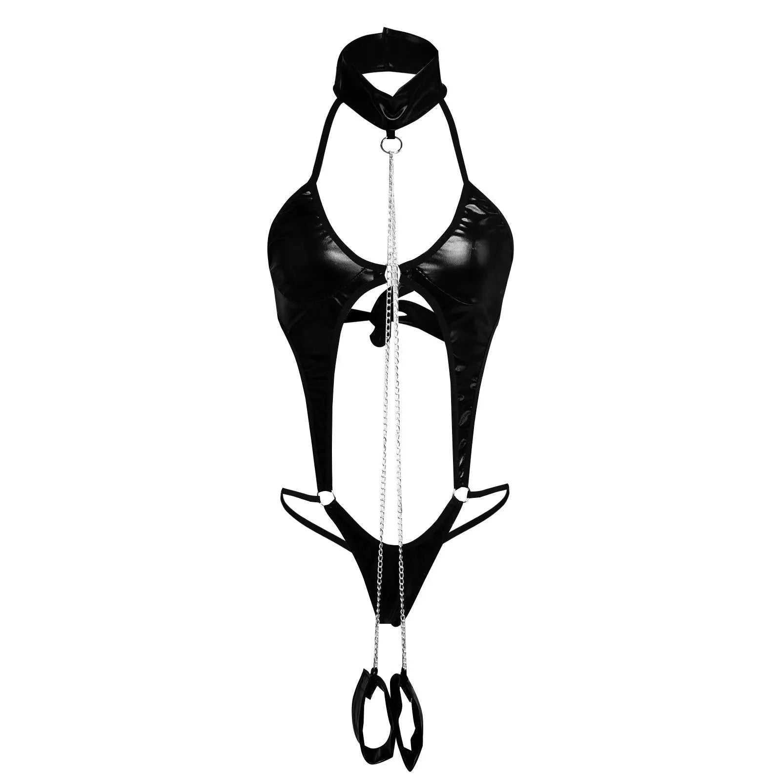 Black patent leather bracelet lingerie bodysuit on display