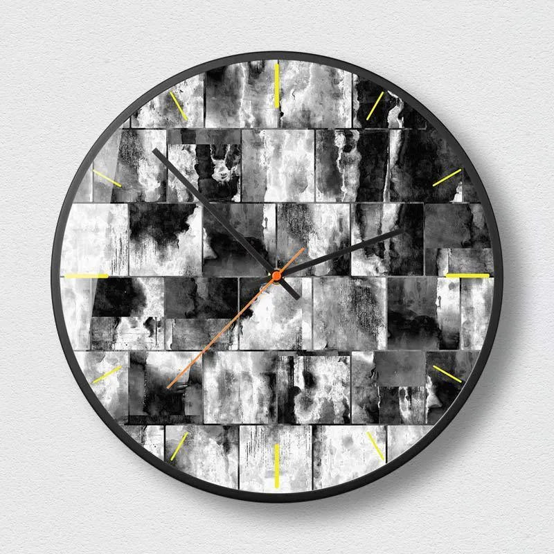 Round abstract art wall clock in Mysterious Black on a wall, showing silent sweep second hands.
