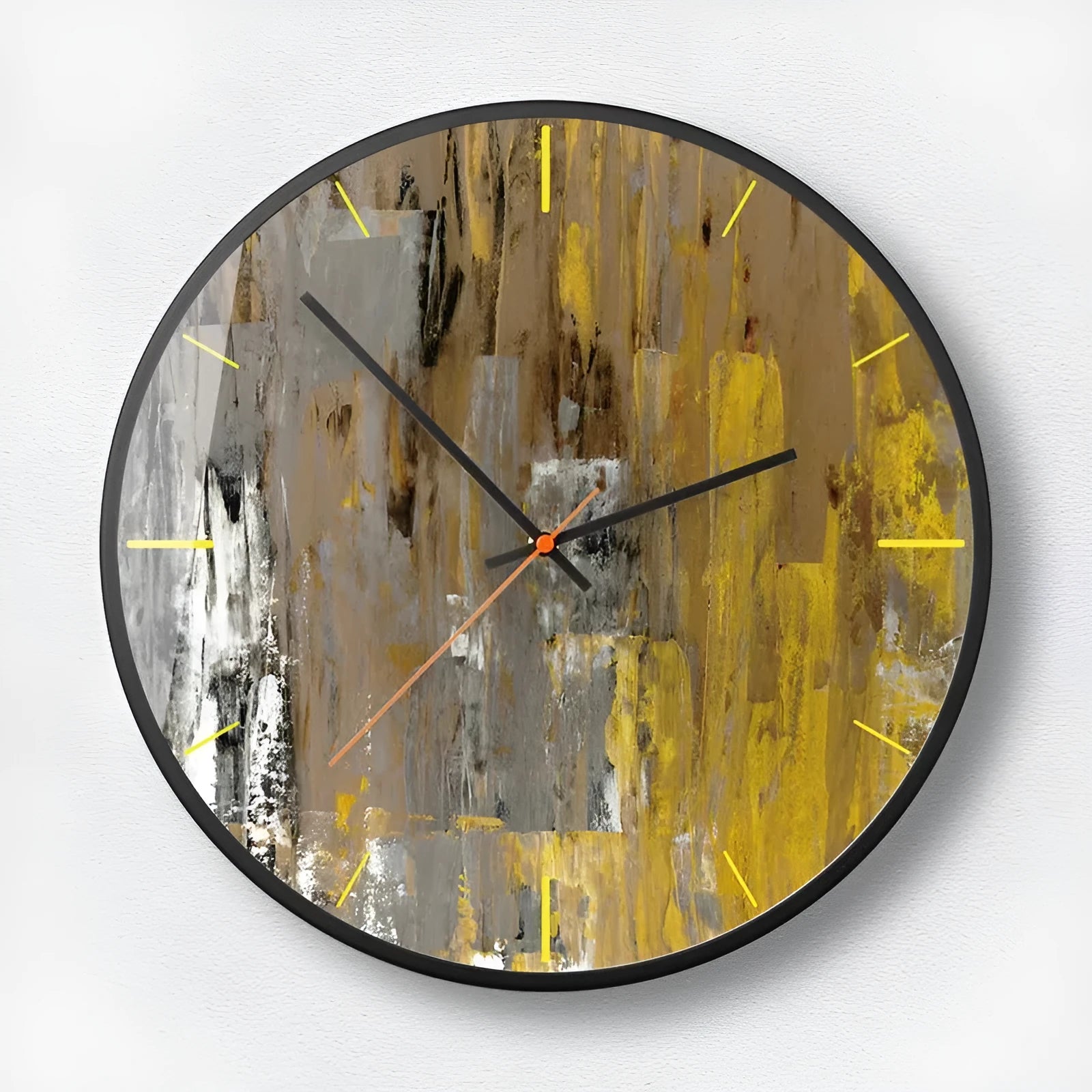 Round abstract art wall clock in Mysterious Black on a wall, showing silent sweep second hands.