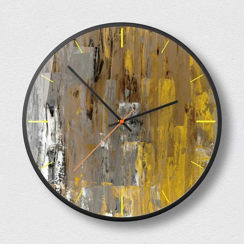 Round abstract art wall clock in Mysterious Black on a wall, showing silent sweep second hands.