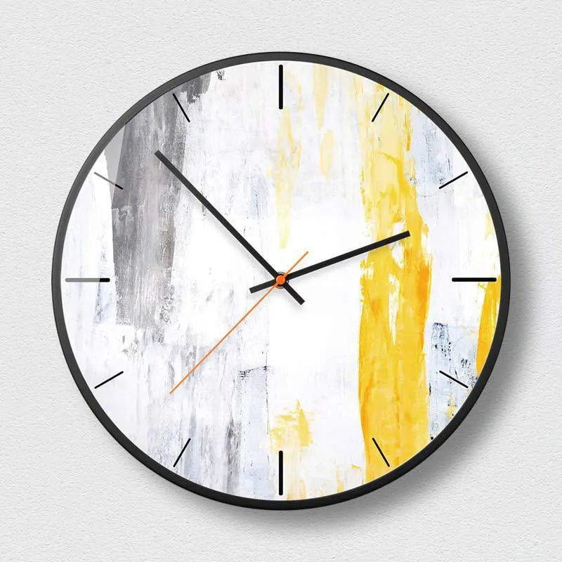 Round abstract art wall clock in Mysterious Black on a wall, showing silent sweep second hands.