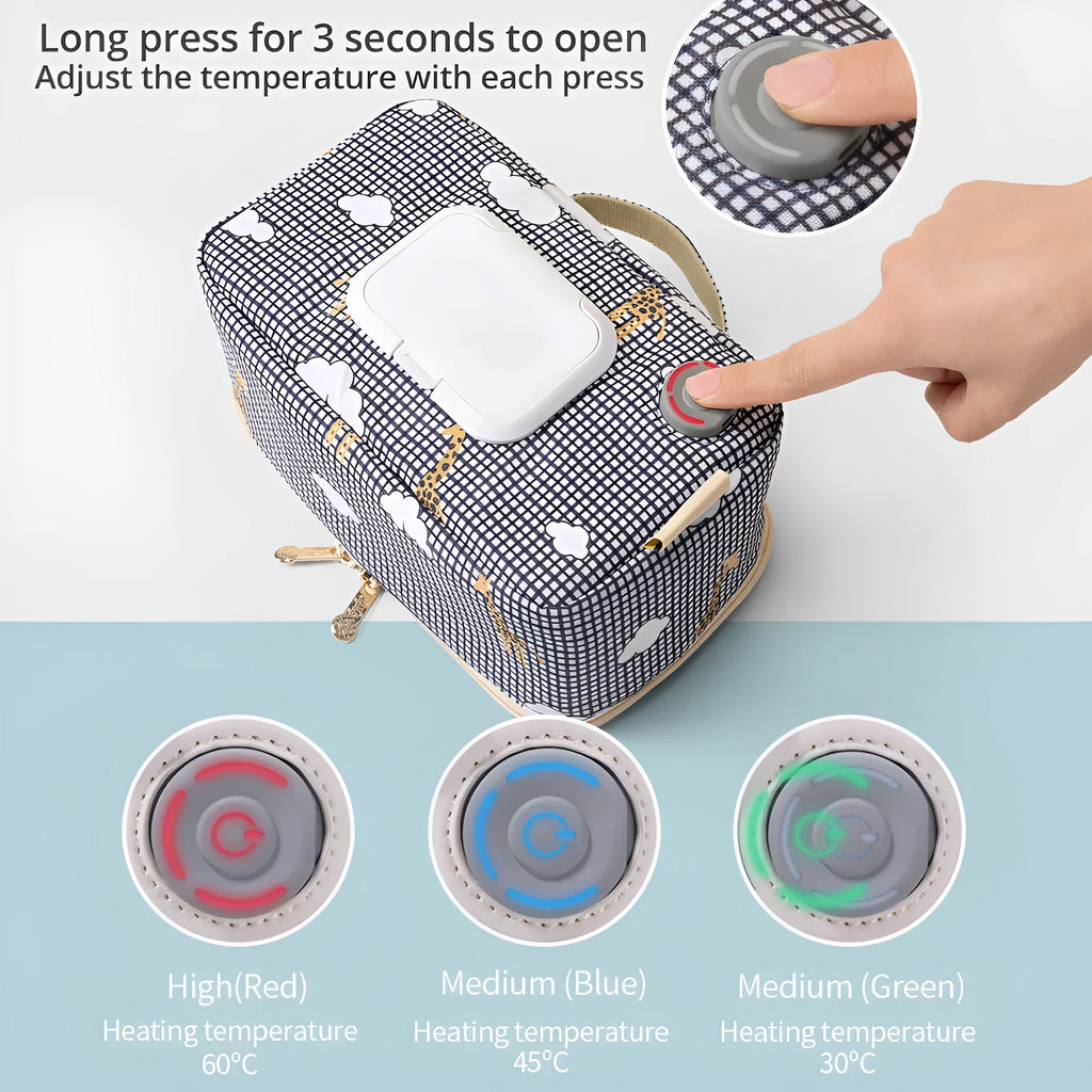 USB wet wipe heater insulation plate in Giraffe, Green, or Pink from Sanmei Infant, non-rechargeable constant temperature design.