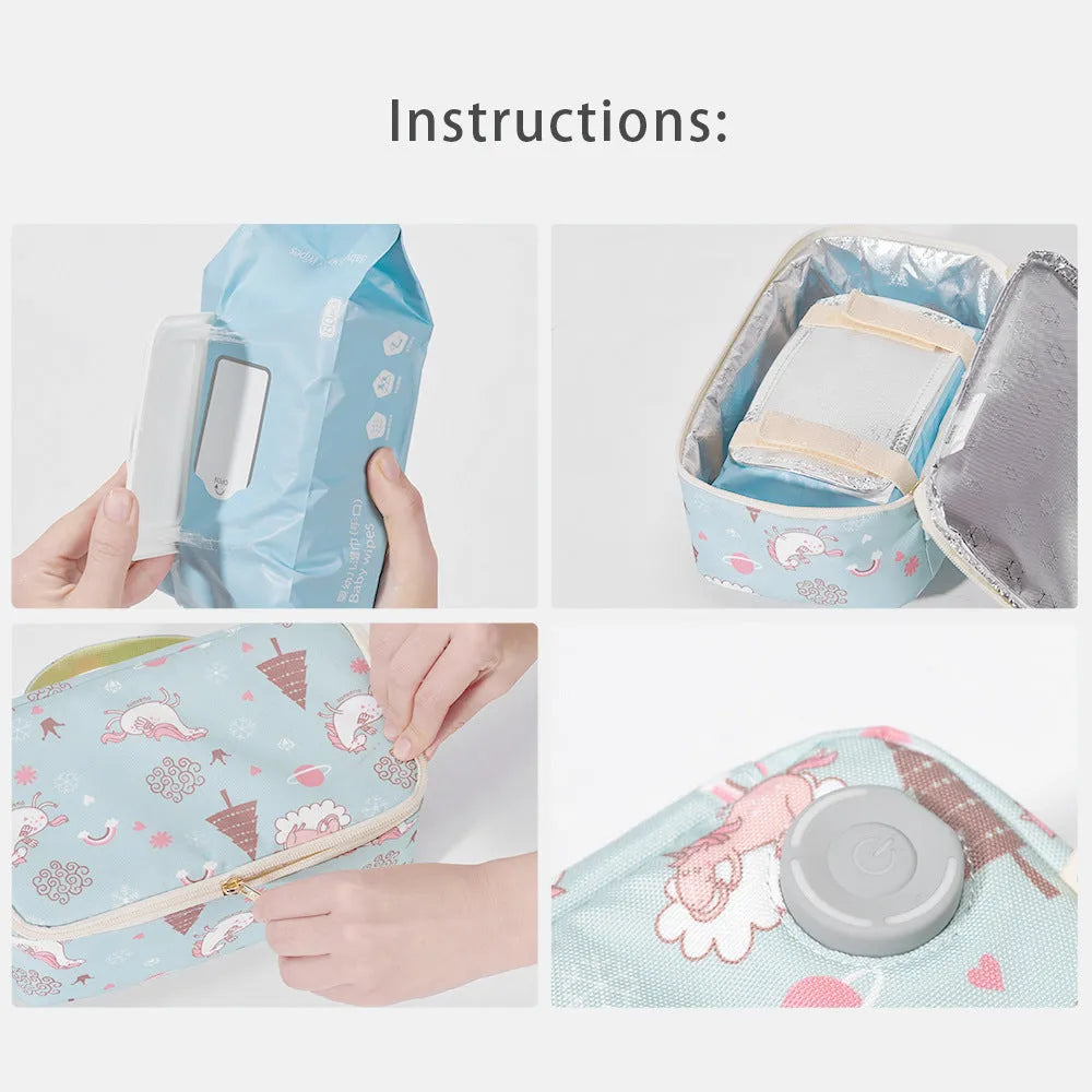 USB wet wipe heater insulation plate in Giraffe, Green, or Pink from Sanmei Infant, non-rechargeable constant temperature design.