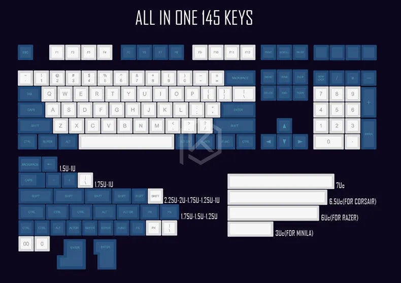 Blue and white laser-engraved keycap set for mechanical keyboards with standard layout