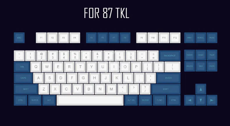 Blue and white laser-engraved keycap set for mechanical keyboards with standard layout