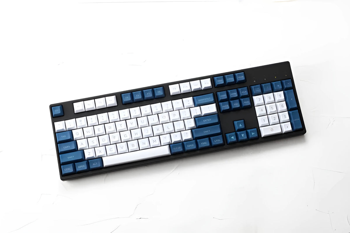 Blue and white laser-engraved keycap set for mechanical keyboards with standard layout