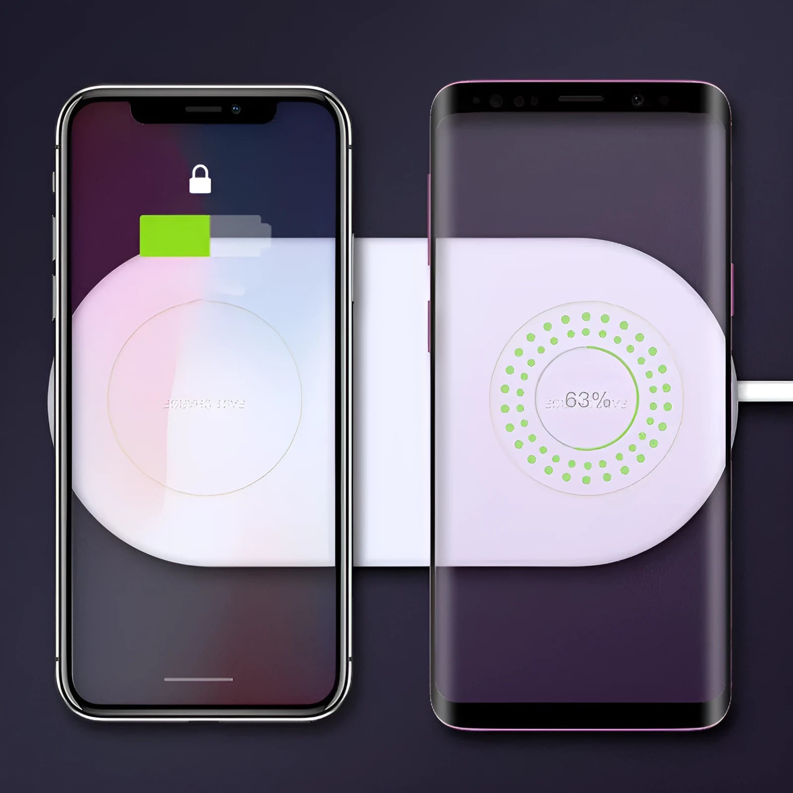 White dual wireless charger for two mobile phones on a table.