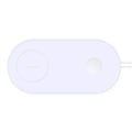 White dual wireless charger for two mobile phones on a table.
