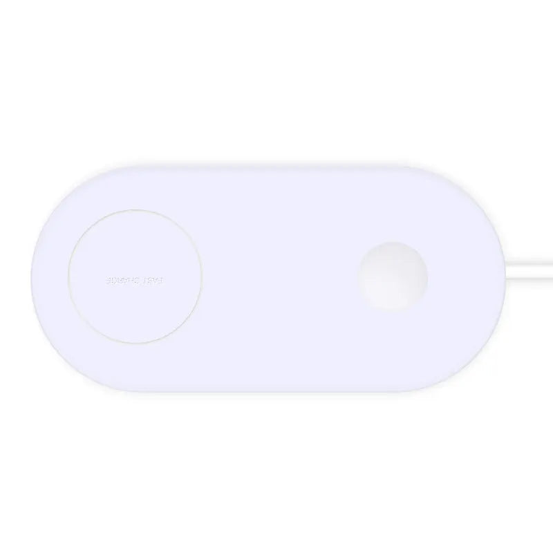 White dual wireless charger for two mobile phones on a table.