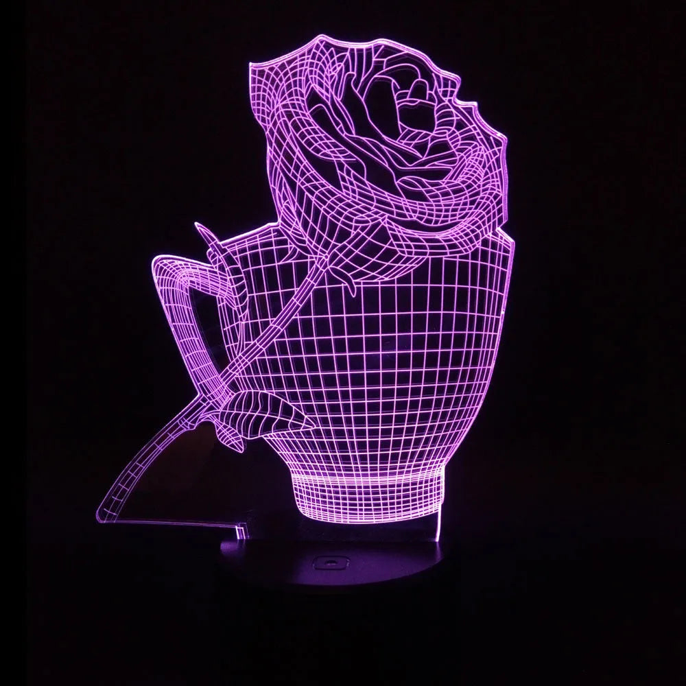 3D rose flower design night light showing colour change on acrylic panel with ABS base.
