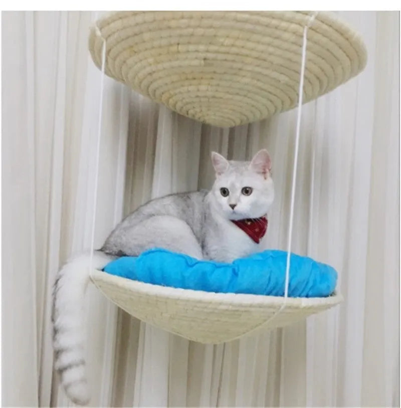 Cat climbing frame in sky blue with hammock, scratching frame, and litter storage for medium cats