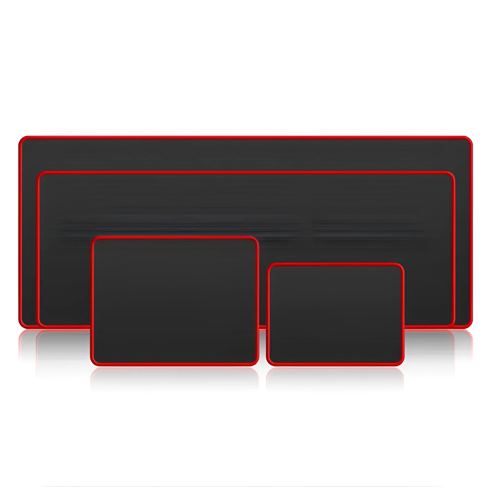 Large black and red seaming mouse pad on a desk with a computer mouse on it