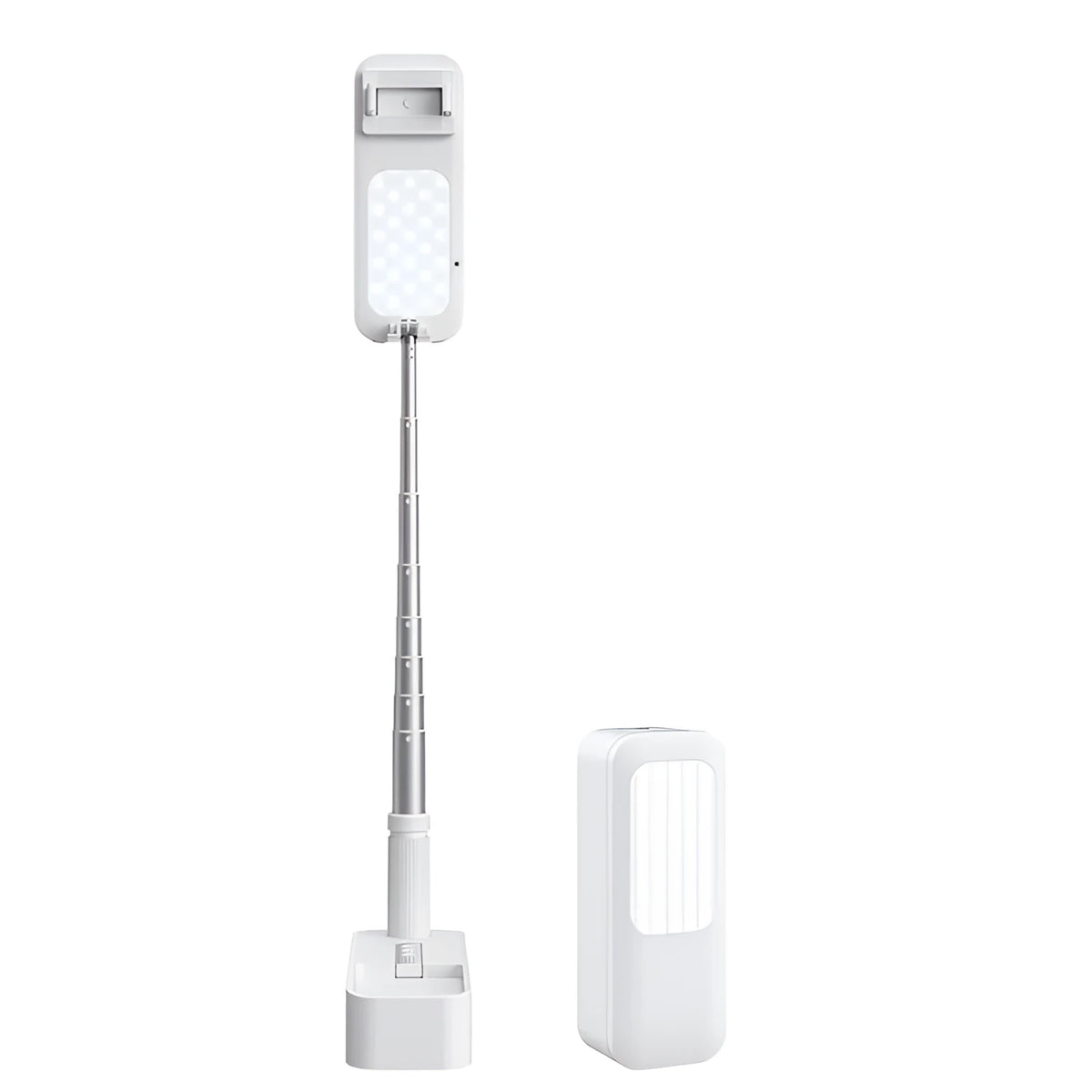 White wireless live broadcast bracket fill light with retractable phone stand and charging base, 210x80x63mm