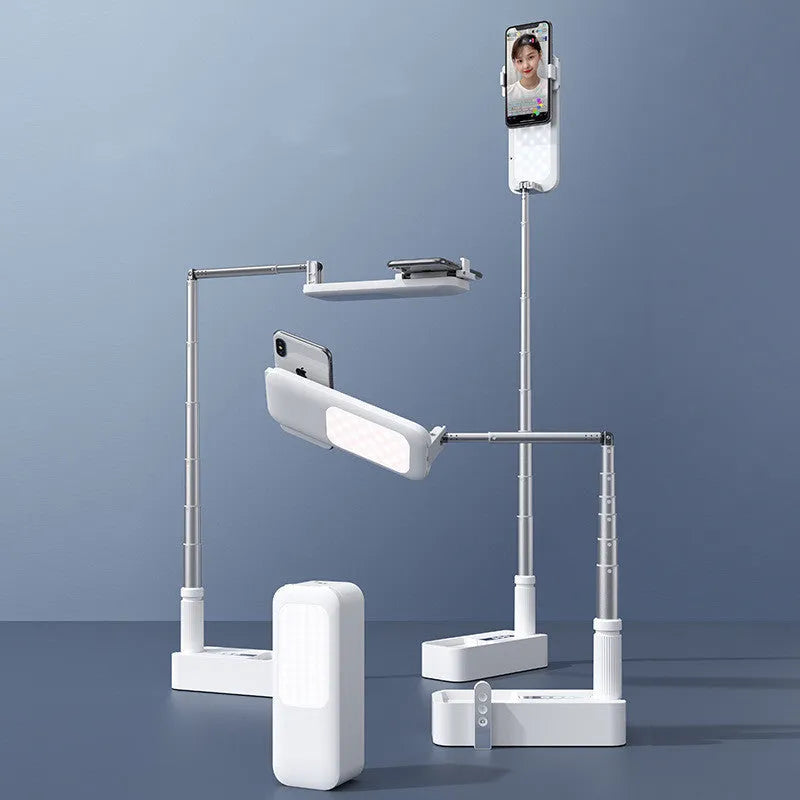 White wireless live broadcast bracket fill light with retractable phone stand and charging base, 210x80x63mm