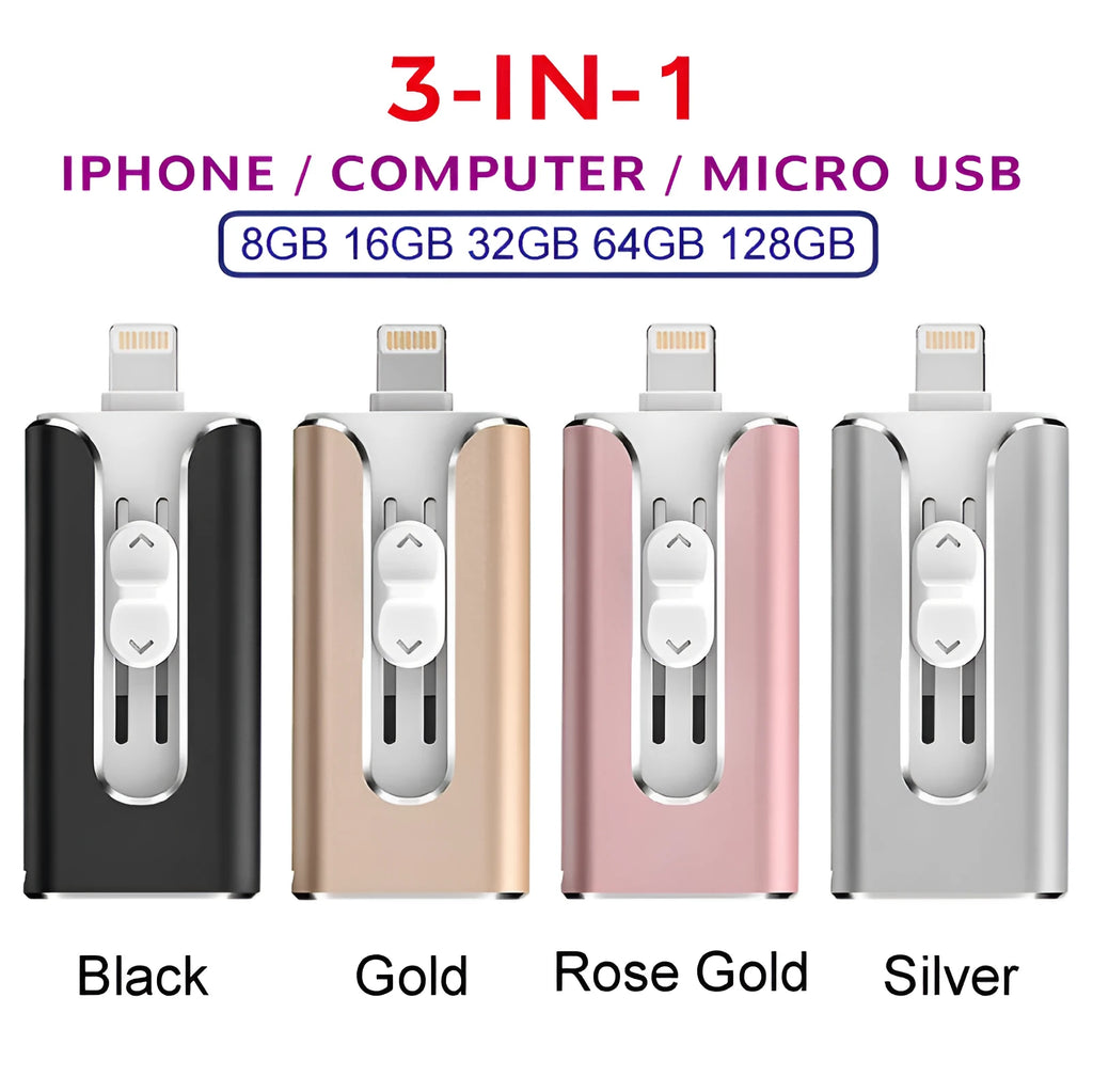 Metal USB flash drive with both USB and iPhone Lightning connectors