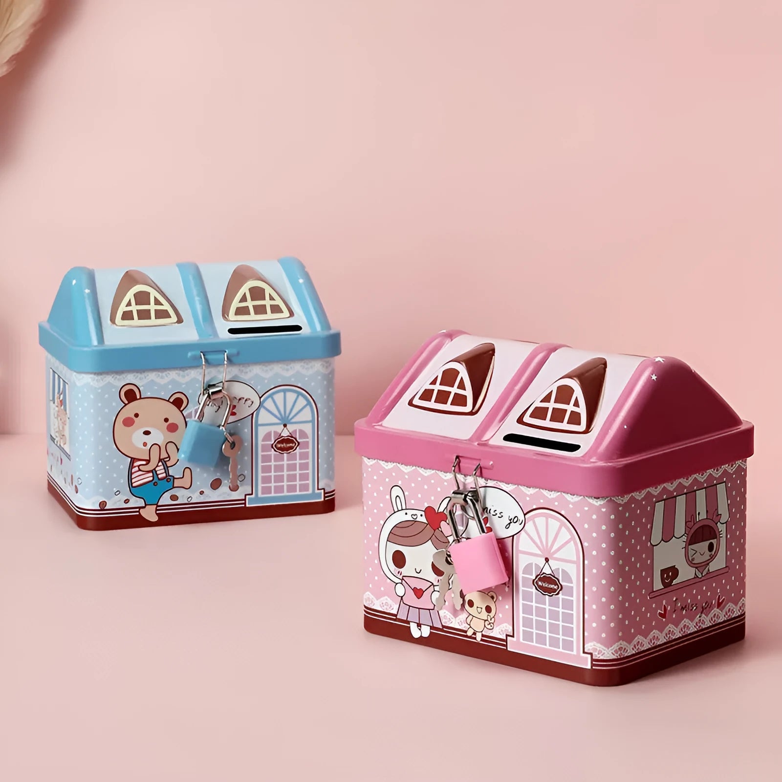 Blue house-shaped tinplate piggy bank with coin slot on desktop