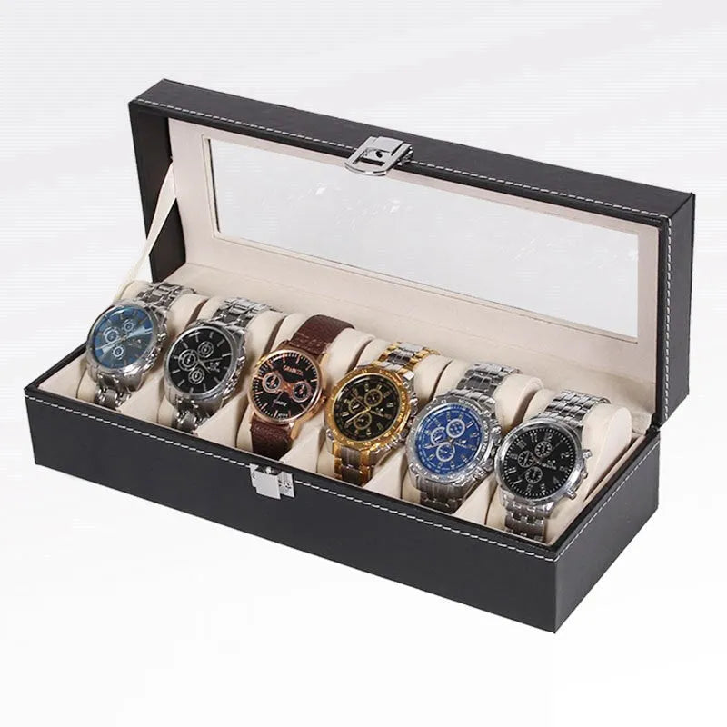 Black wooden watch jewellery box with six watch display windows measuring 30x11x8 centimetres
