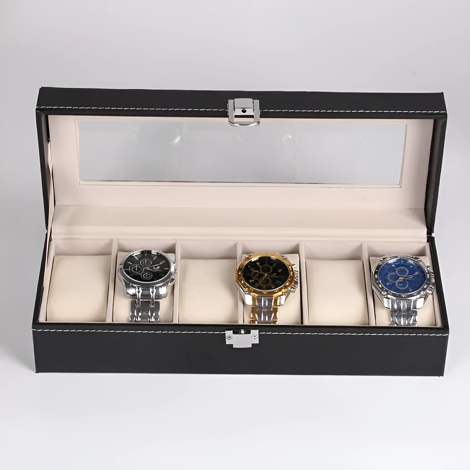 Black wooden watch jewellery box with six watch display windows measuring 30x11x8 centimetres