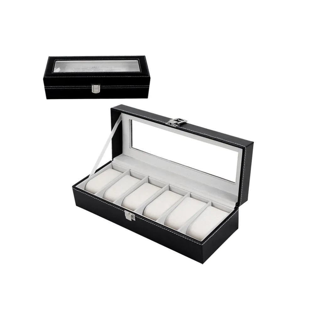 Black wooden watch jewellery box with six watch display windows measuring 30x11x8 centimetres