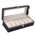 Black wooden watch jewellery box with six watch display windows measuring 30x11x8 centimetres