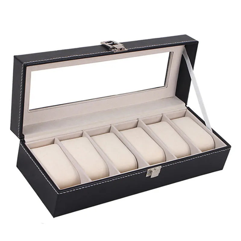 Black wooden watch jewellery box with six watch display windows measuring 30x11x8 centimetres