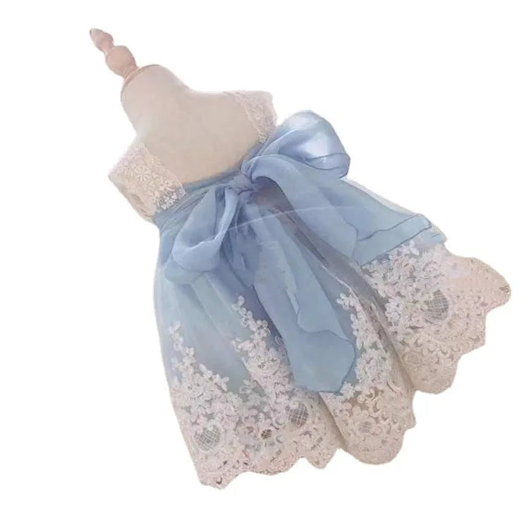 Ocean blue baby girl princess dress with lace details for birthday parties.