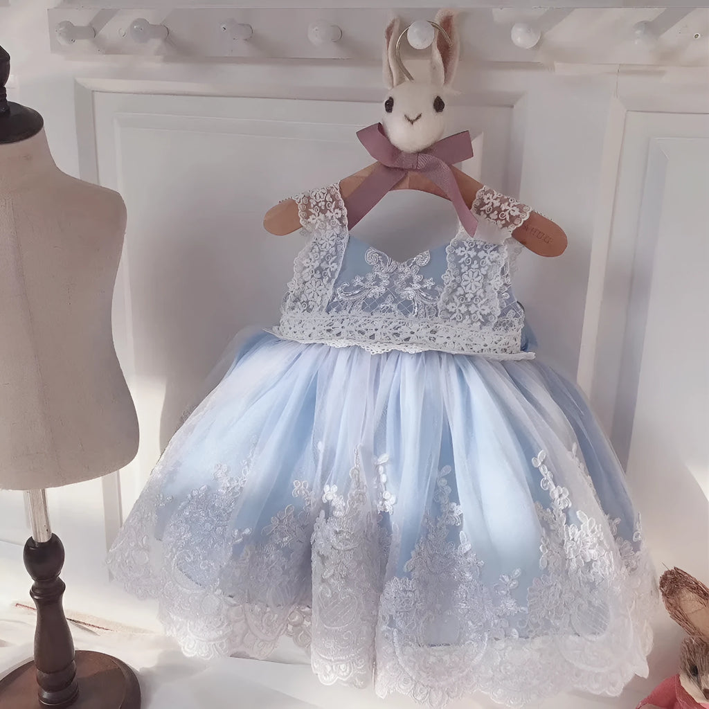 Ocean blue baby girl princess dress with lace details for birthday parties.
