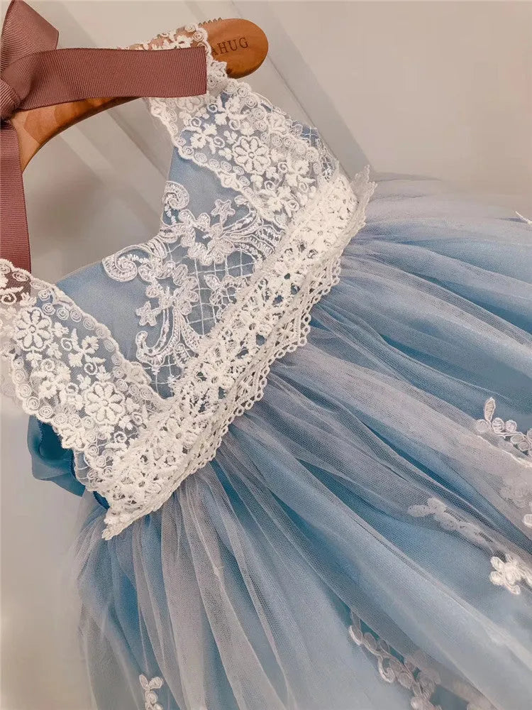 Ocean blue baby girl princess dress with lace details for birthday parties.