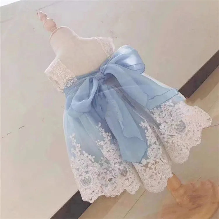 Ocean blue baby girl princess dress with lace details for birthday parties.