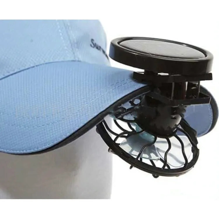 Black solar-powered clip-on cooling fan with solar panel for outdoor camping and fishing use