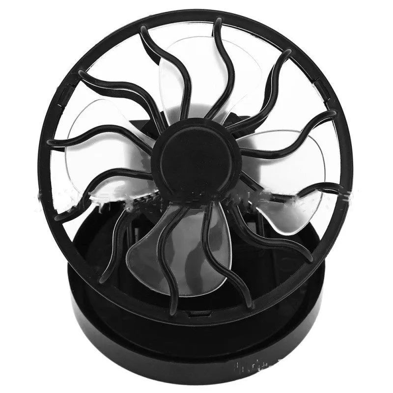 Black solar-powered clip-on cooling fan with solar panel for outdoor camping and fishing use