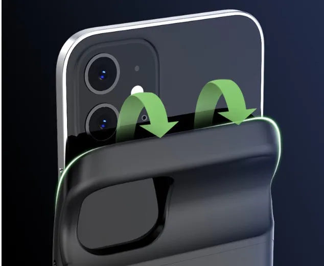 Black ultra-thin TPU soft case back clip battery for iPhone 12 with attached clip and multi-U port.