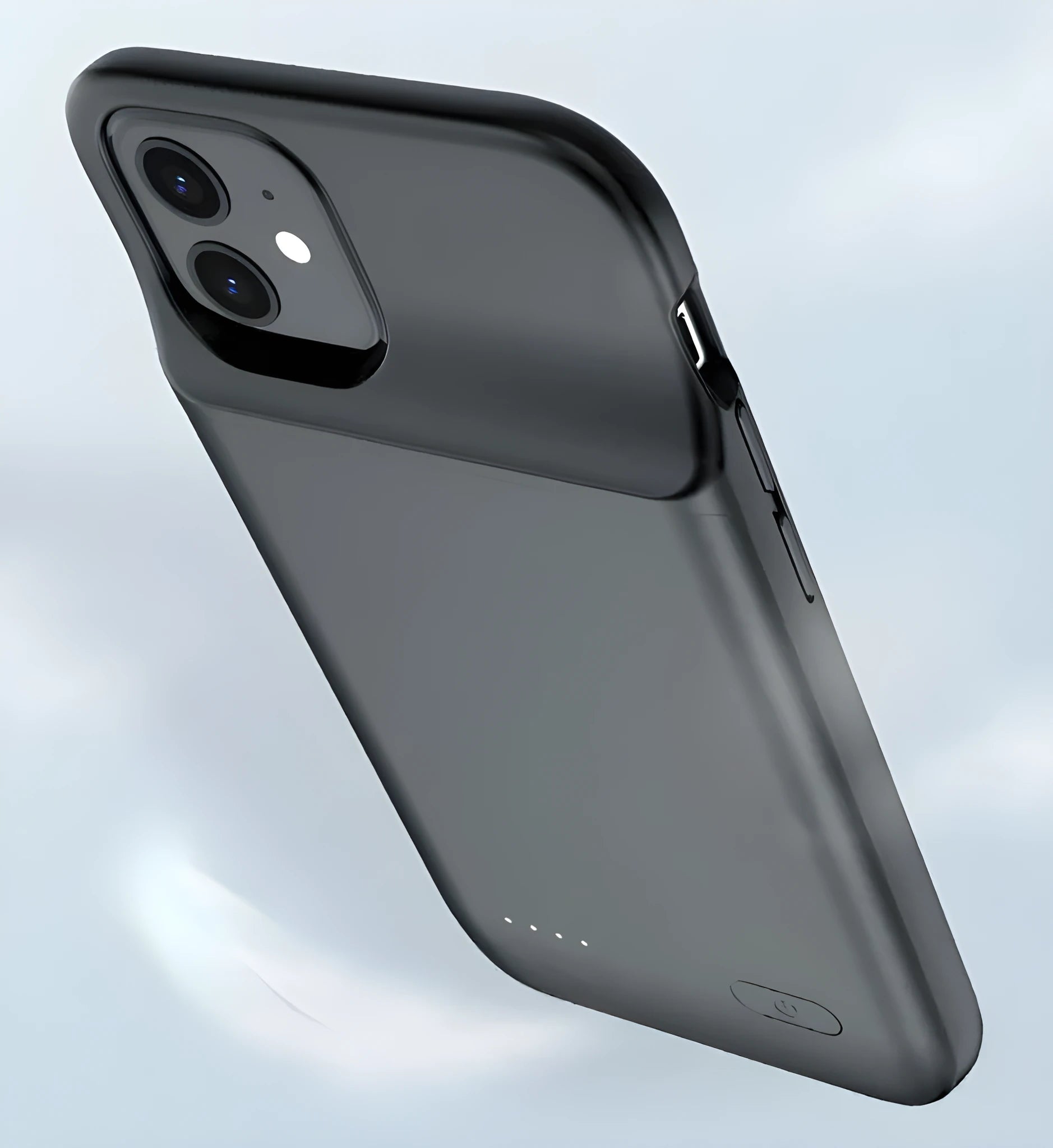 Black ultra-thin TPU soft case back clip battery for iPhone 12 with attached clip and multi-U port.