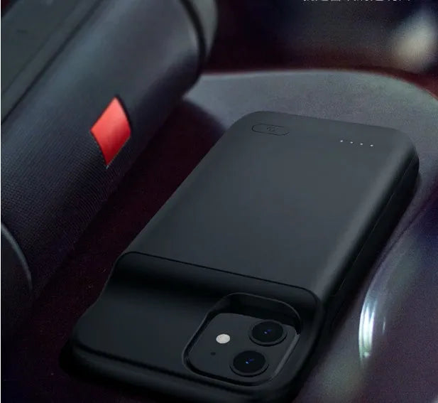 Black ultra-thin TPU soft case back clip battery for iPhone 12 with attached clip and multi-U port.