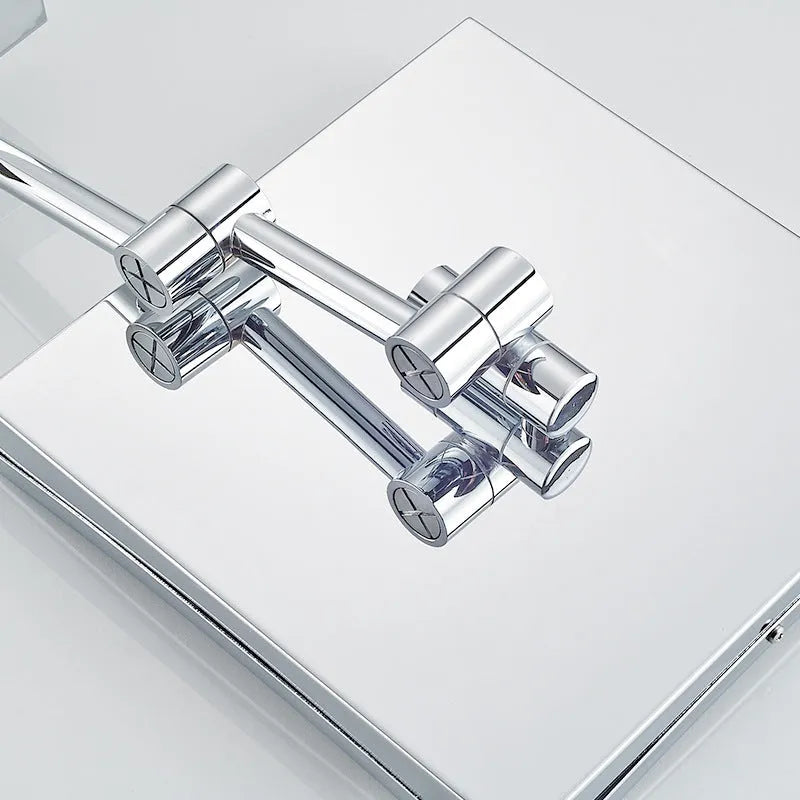 Stainless steel folding makeup mirror in ancient black finish showing 200x200mm size on vanity table