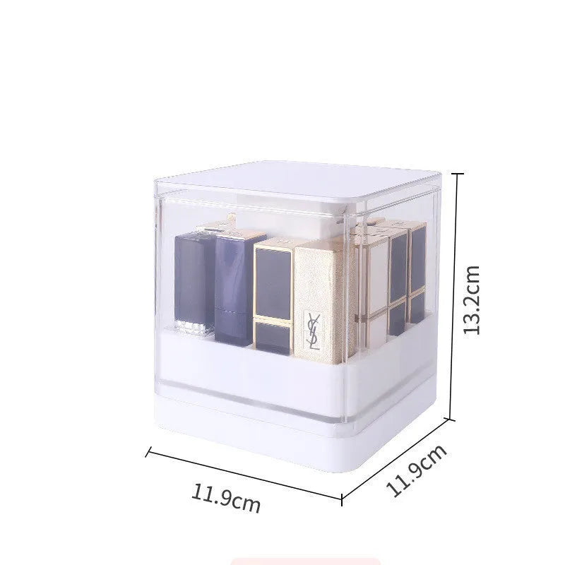 Press lift lipstick storage box with transparent cover in pink and white colour options showing 8-grid and 12-grid configurations
