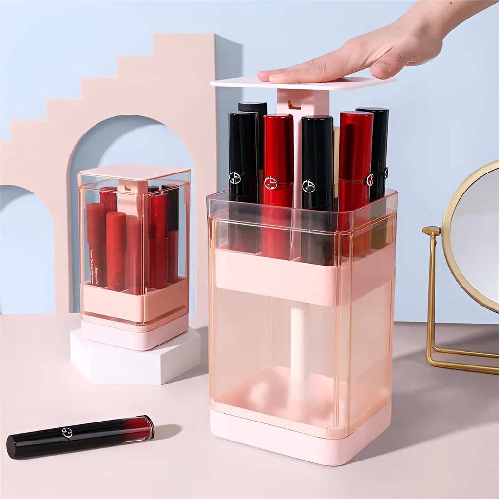 Press lift lipstick storage box with transparent cover in pink and white colour options showing 8-grid and 12-grid configurations