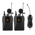 Black Little Bee X3 lavalier wireless clip-on microphone on a collar.