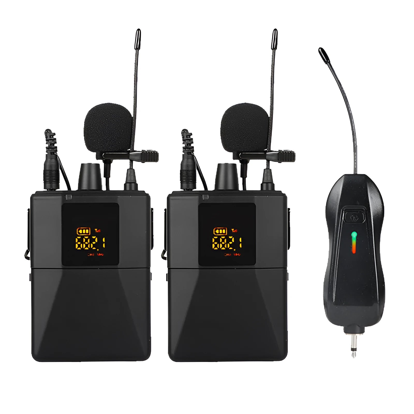 Black Little Bee X3 lavalier wireless clip-on microphone on a collar.