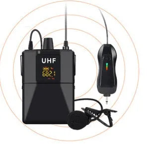 Black Little Bee X3 lavalier wireless clip-on microphone on a collar.
