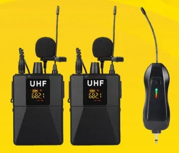 Black Little Bee X3 lavalier wireless clip-on microphone on a collar.