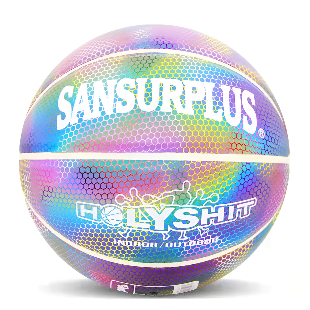 Glowing luminous fluorescent basketball with reflective effect for night games, white and colourful design