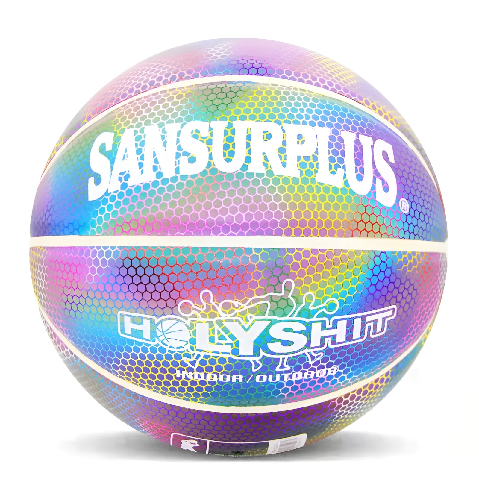 Glowing luminous fluorescent basketball with reflective effect for night games, white and colourful design