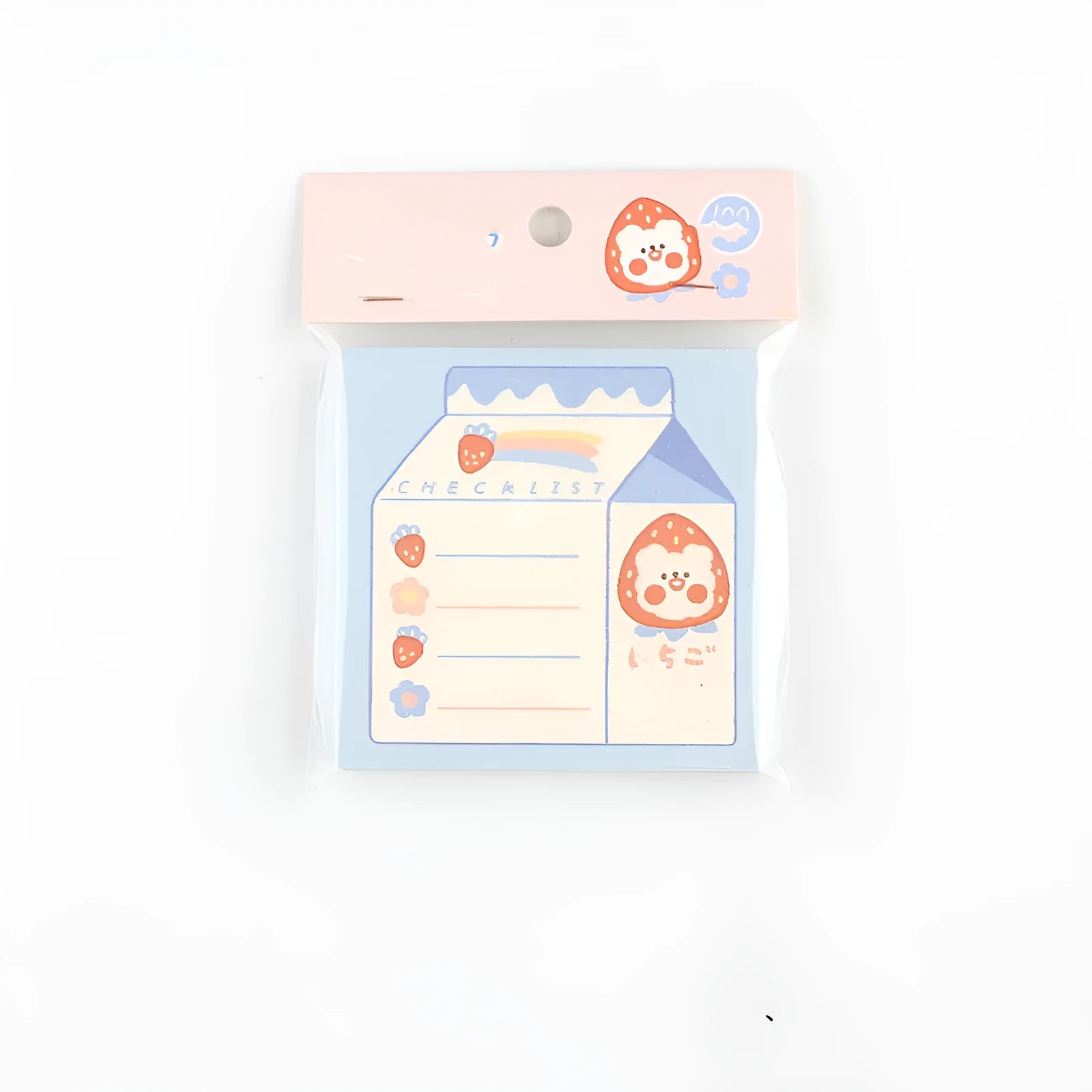 MINKYS kawaii strawberry milk themed memo pad with 100 sheets, 80mm by 80mm.