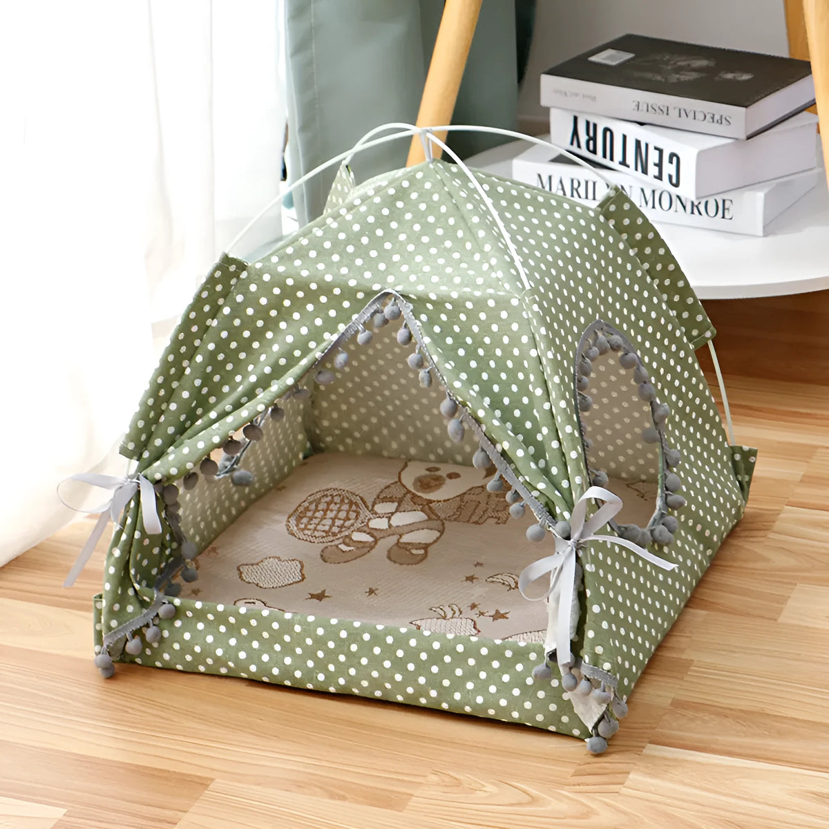 Cat tent enclosed pet bed in light green for small medium pets, waterproof breathable fabric, size M shown