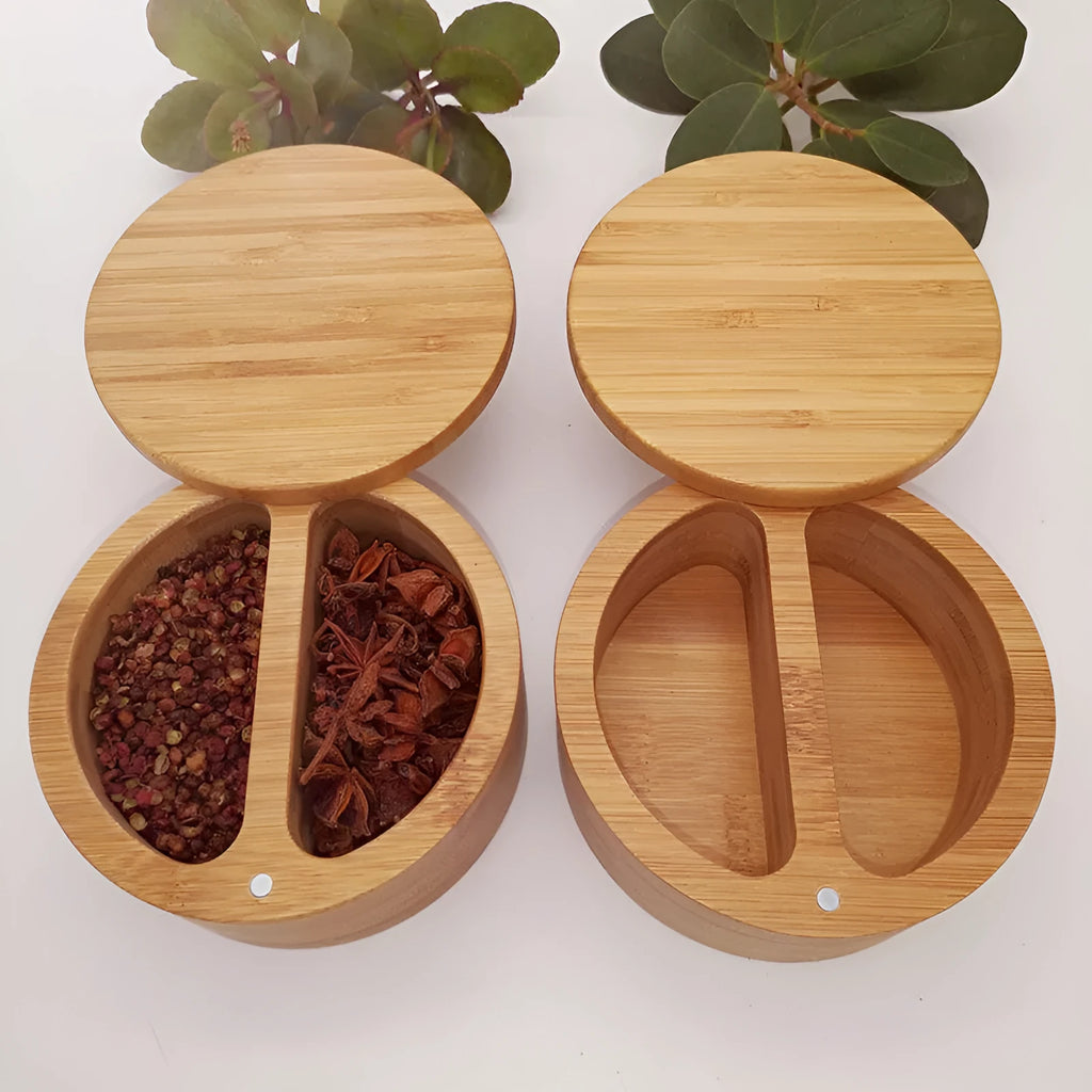 Bamboo seasoning box with spoon in single-grid, pear-shaped, or double-grid round styles