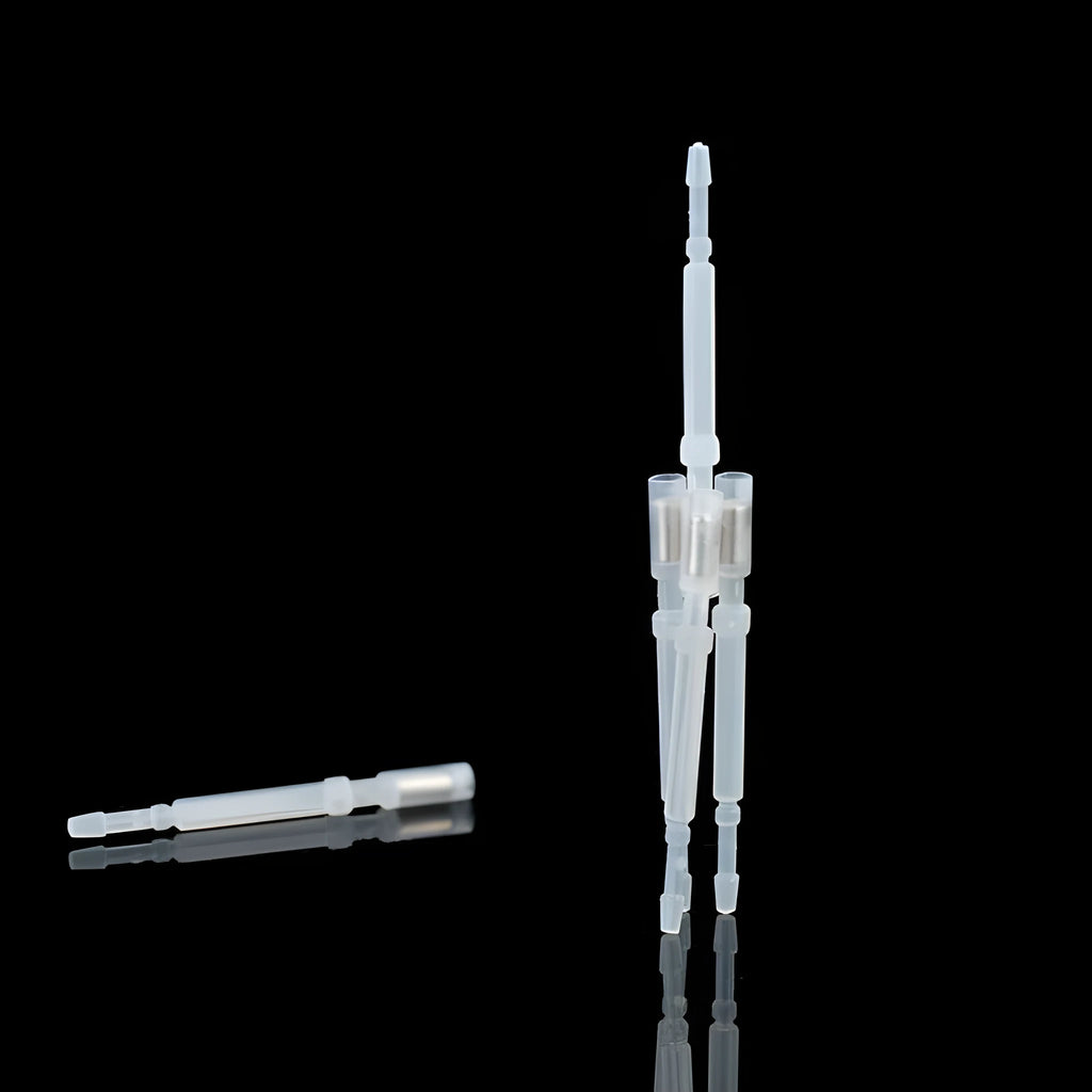 White 3D printer automatic leveling probe with metal touch sensor pin on dark background
