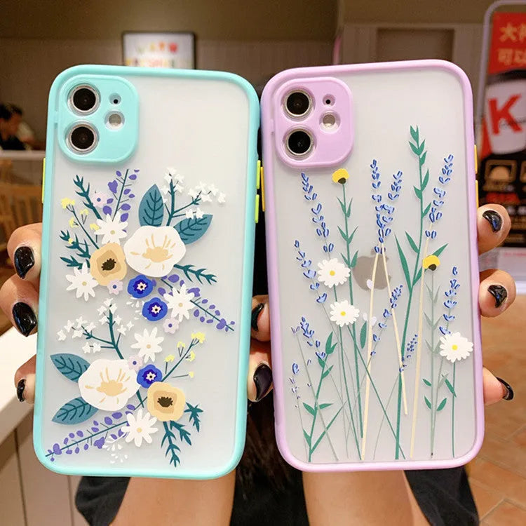 iPhone case with cartoon floral design and contrasting colour matte frame in pink lavender.