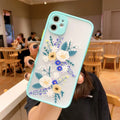 iPhone case with cartoon floral design and contrasting colour matte frame in pink lavender.